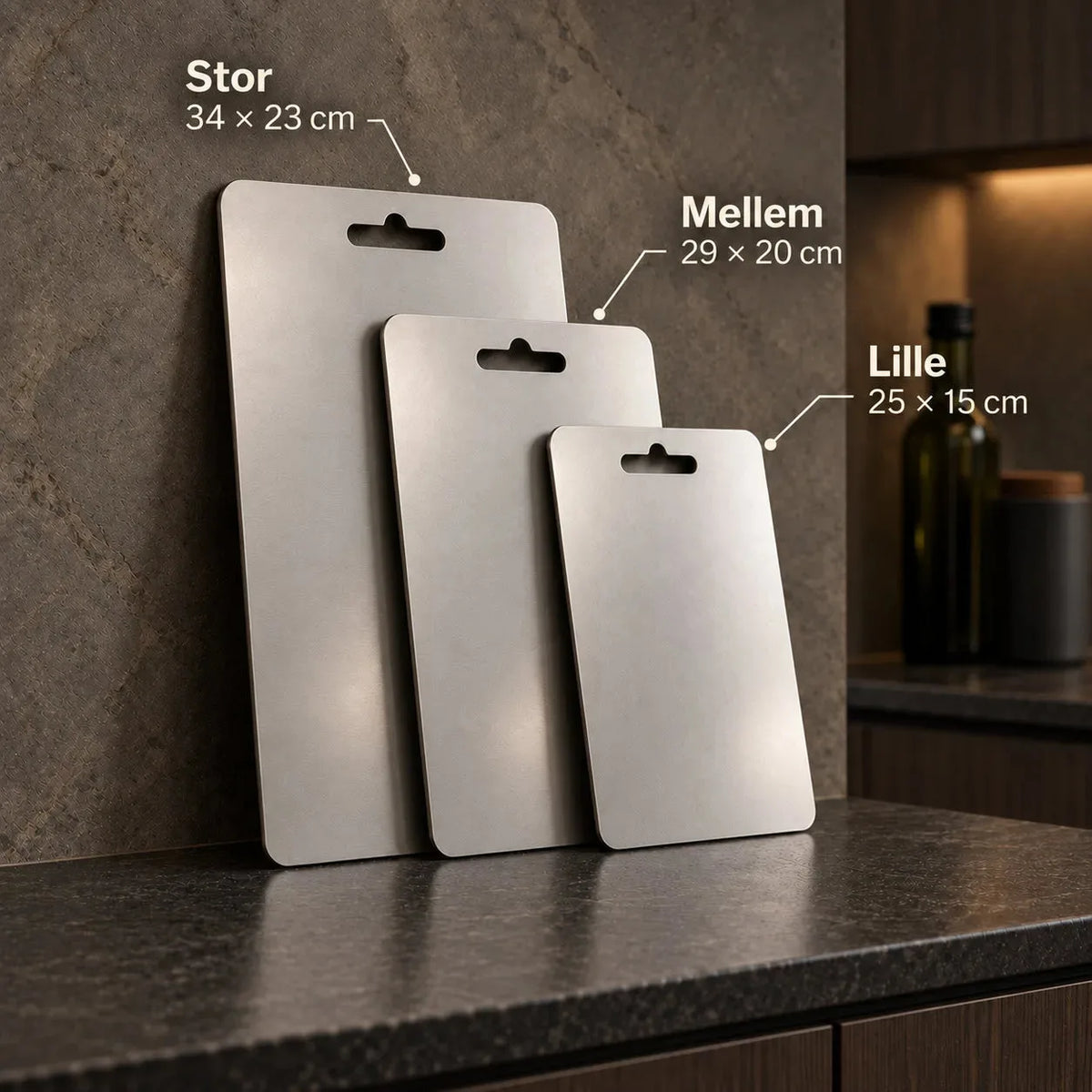 Størrelsesguide for titan skærebræt 3-pak: Stor 34x23 cm, Mellem 29x20 cm og Lille 25x15 cm
