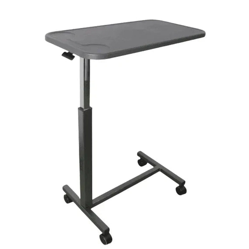 Mørkegråt mobil overbordsbord med kopholder, justerbar stålsøjle og svivelhjul