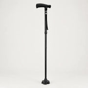 Sort sammenklappelig gangstok med ergonomisk T-håndtag og stabil 4-punkts fod