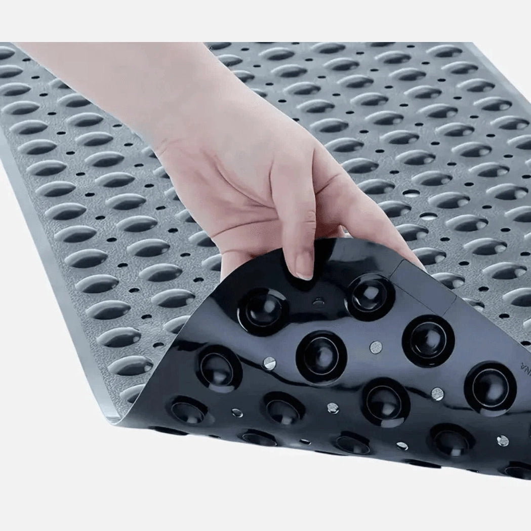 Sort bademåtte med kraftige sugekopper og gummimateriale