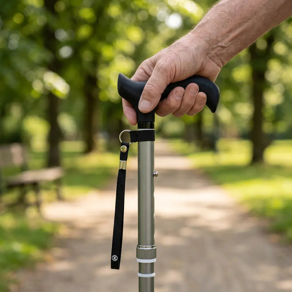 Hopvikbar Ergonomisk Käpp | Silver med Svart Handtag