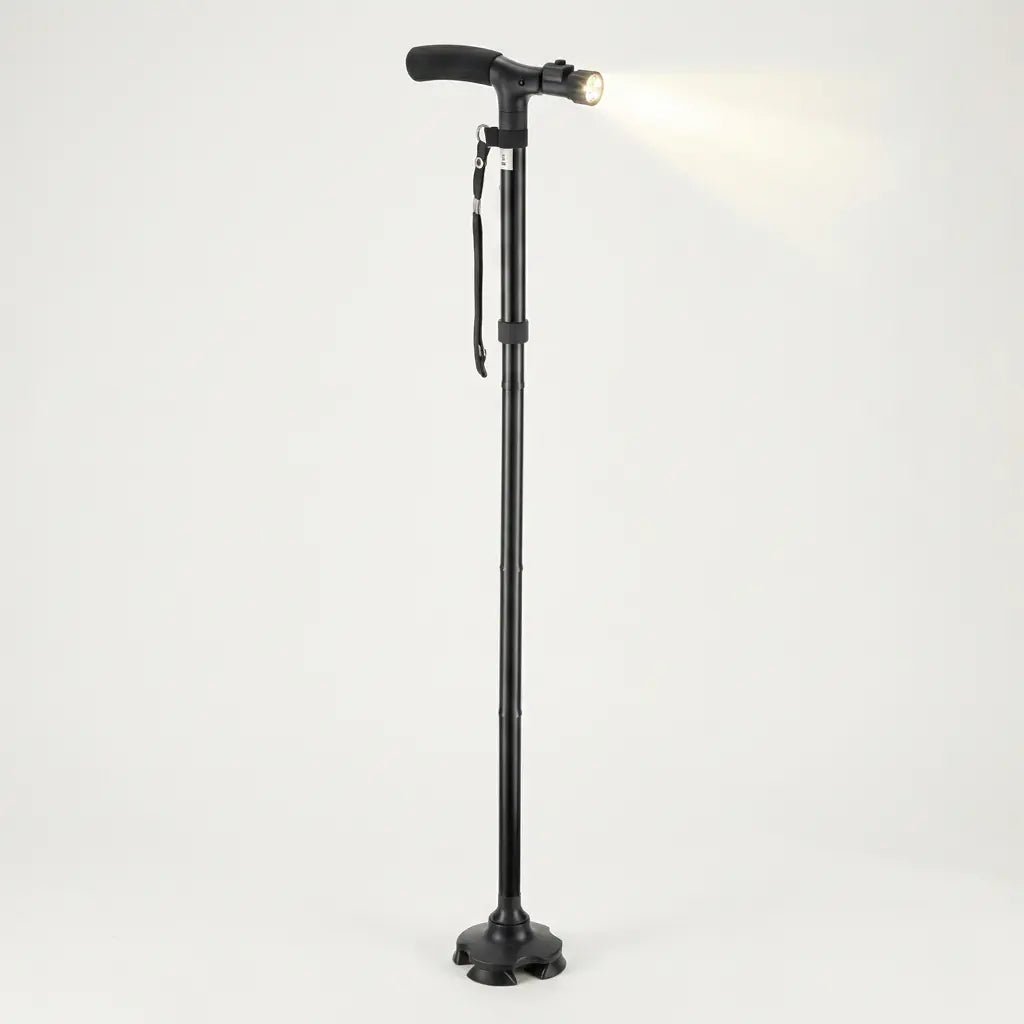 Fällbar Käpp med Lampa | Svart med Stabil Fot