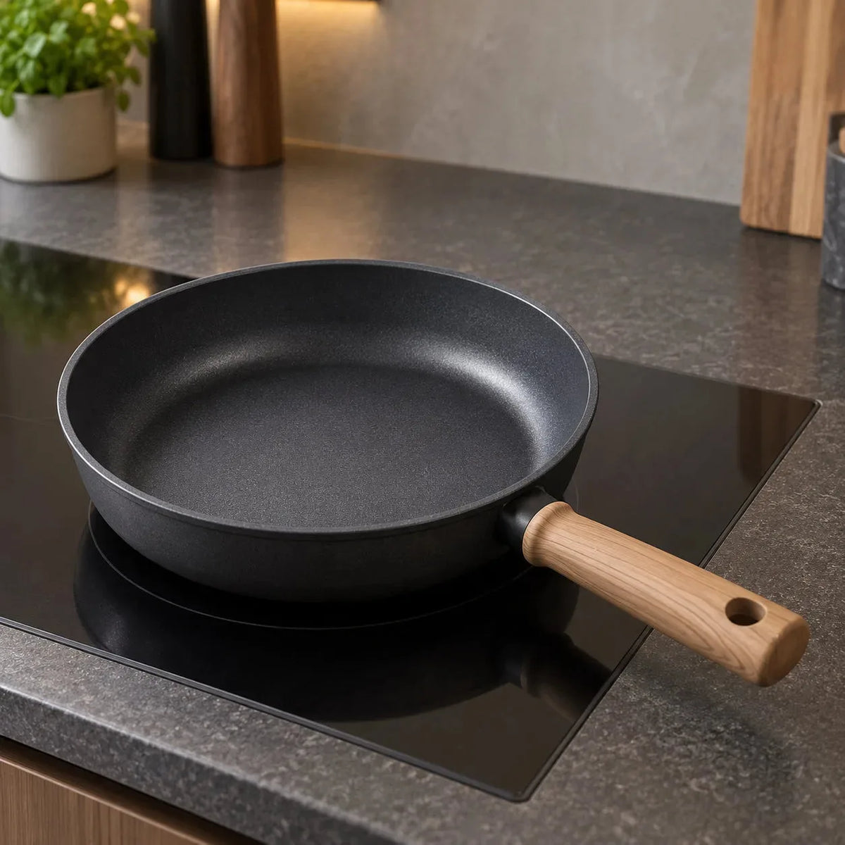 28 cm titanium pande på induktionskogeplade