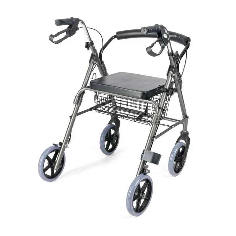 Frontvisning af grå rollator med polstret sæde og ergonomiske håndtag