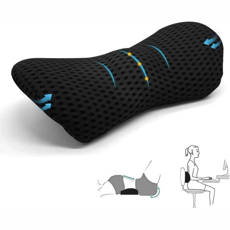 Sort memory foam lændepude med mesh og ergonomisk design til støtte